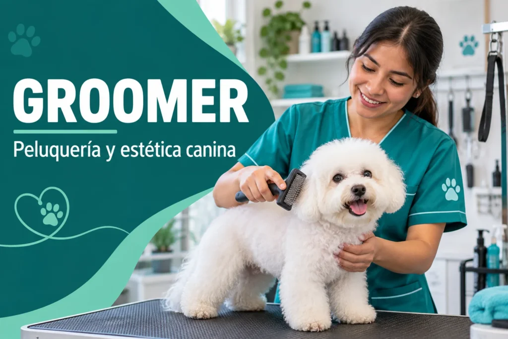 Groomer: peluquería y estética canina, profesional cepillando un perro