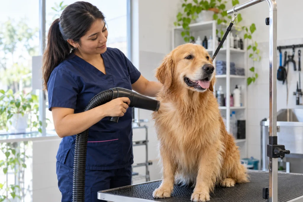 Imagen ilustrativa de una groomer secando un perro en Callao