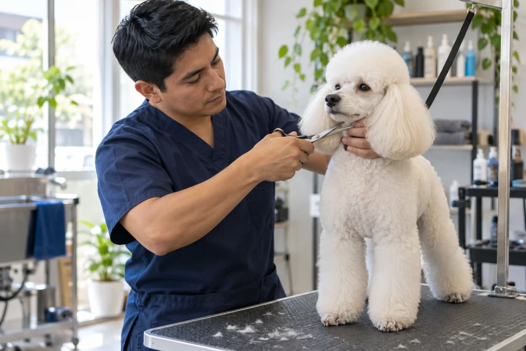 Imagen ilustrativa de un groomer realizando peluquería canina en La Molina