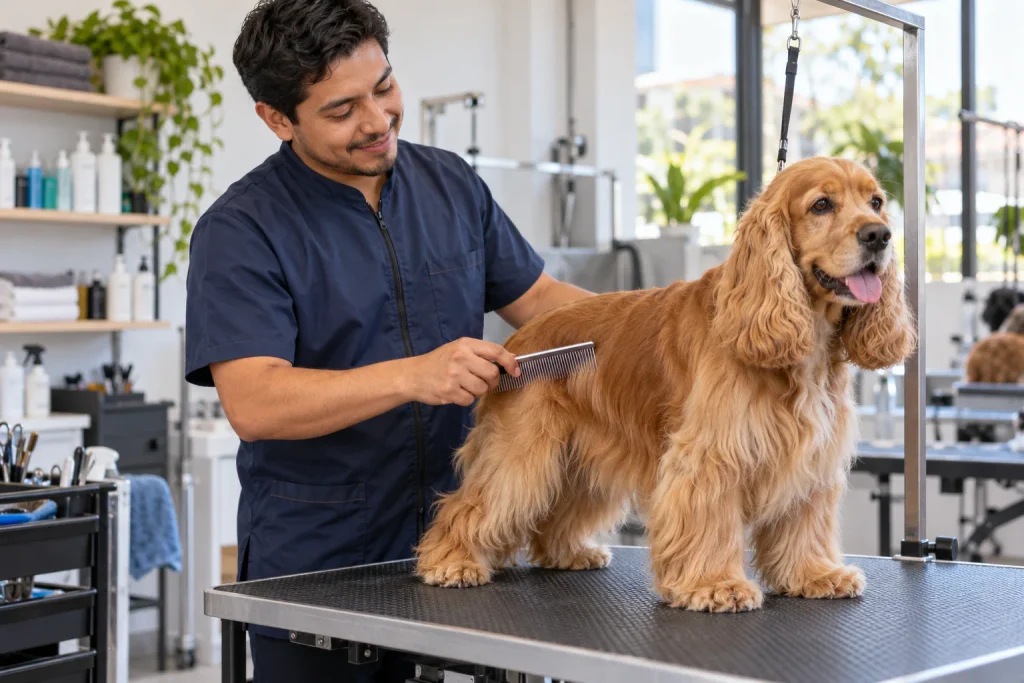 Imagen ilustrativa de un groomer cepillando un cocker spaniel para las vacantes en Los Olivos