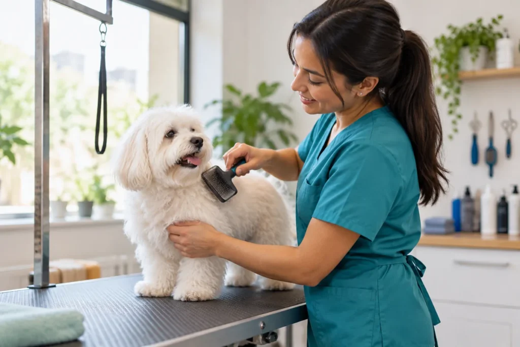 Imagen ilustrativa de una groomer cepillando un perro para las vacantes en Miraflores