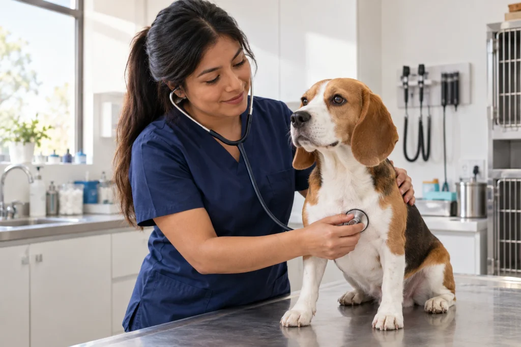 Imagen ilustrativa de una médica veterinaria examinando un perro en San Miguel